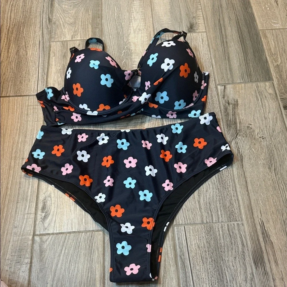 SHEIN Black Floral Bikini 3 piece Set Size 3XL‎